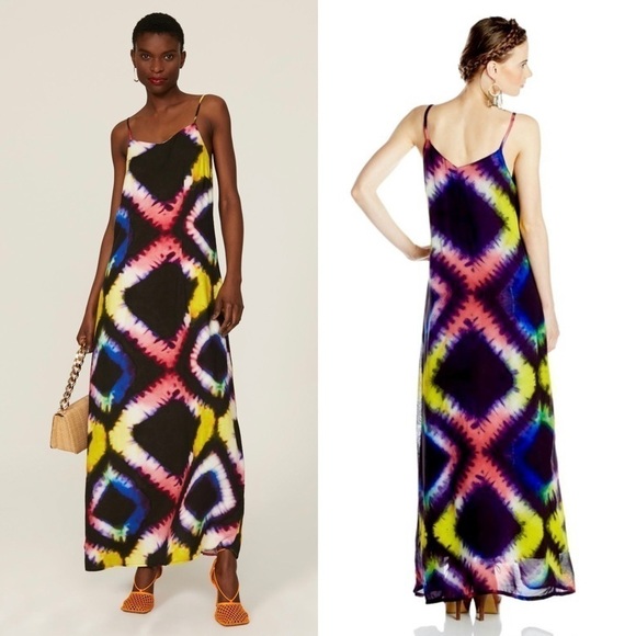 BUSAYO African Hand Dyed Colorful Geometric Print Sleeveless Maxi Slip Dress L - Picture 1 of 10